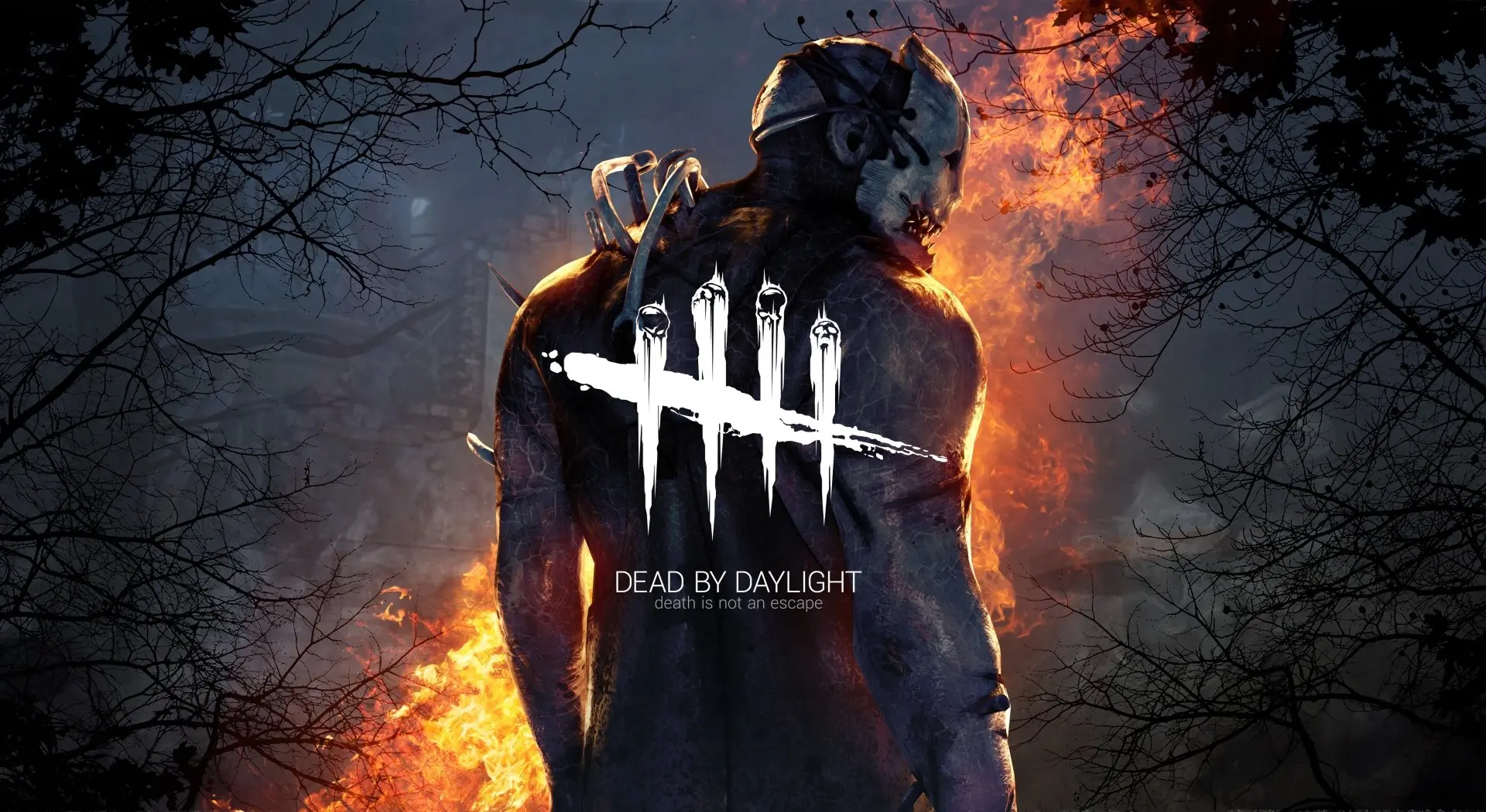 Het logo van Dead By Daylight en de killer Trapper, plus de text death is not a escape 